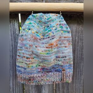 Hand Knit Beanie Hat Stocking Cap Premium Merino Wool Multicolor Gray Blue Green